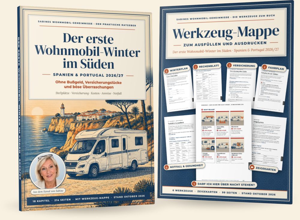 Das Buch „Der erste Wohnmobil-Winter im Süden – Spanien und Portugal 2026/27“ und die Werkzeug-Mappe zum Ausfüllen und Ausdrucken